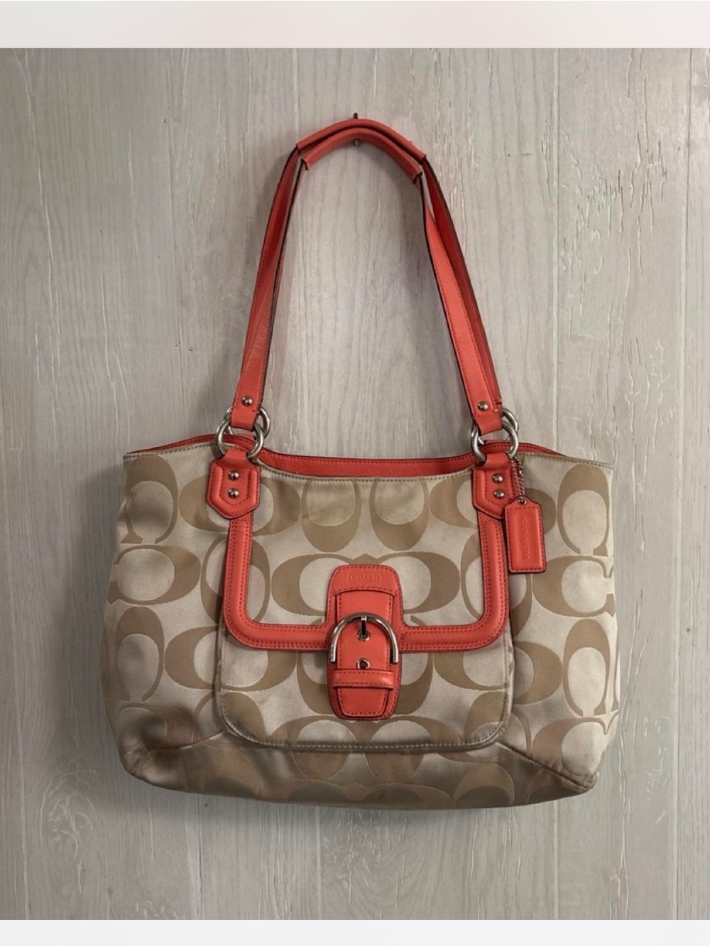 Coach Signature Canvas Tote with Coral Leather Trim